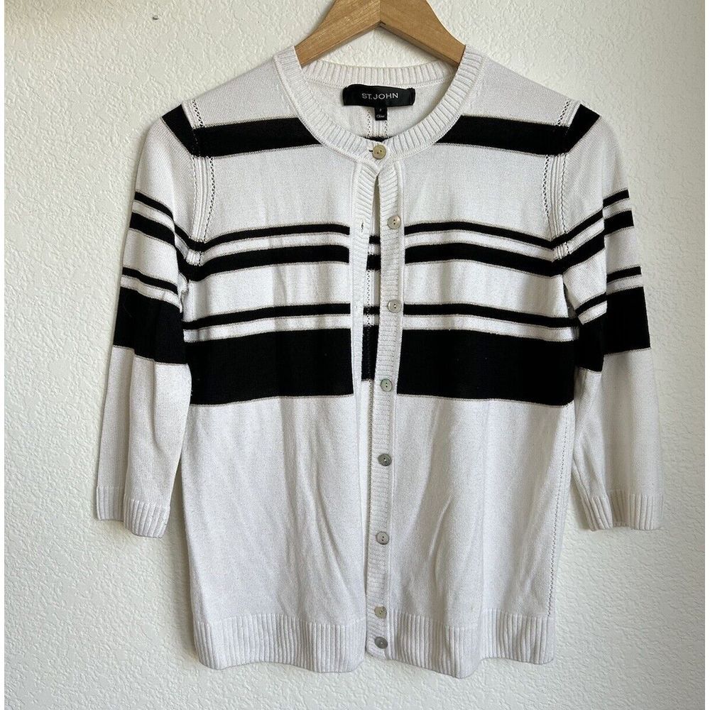 St. John Striped‎ Button Cardigan Sweater White/Black Size S (P) Cashmere Blend